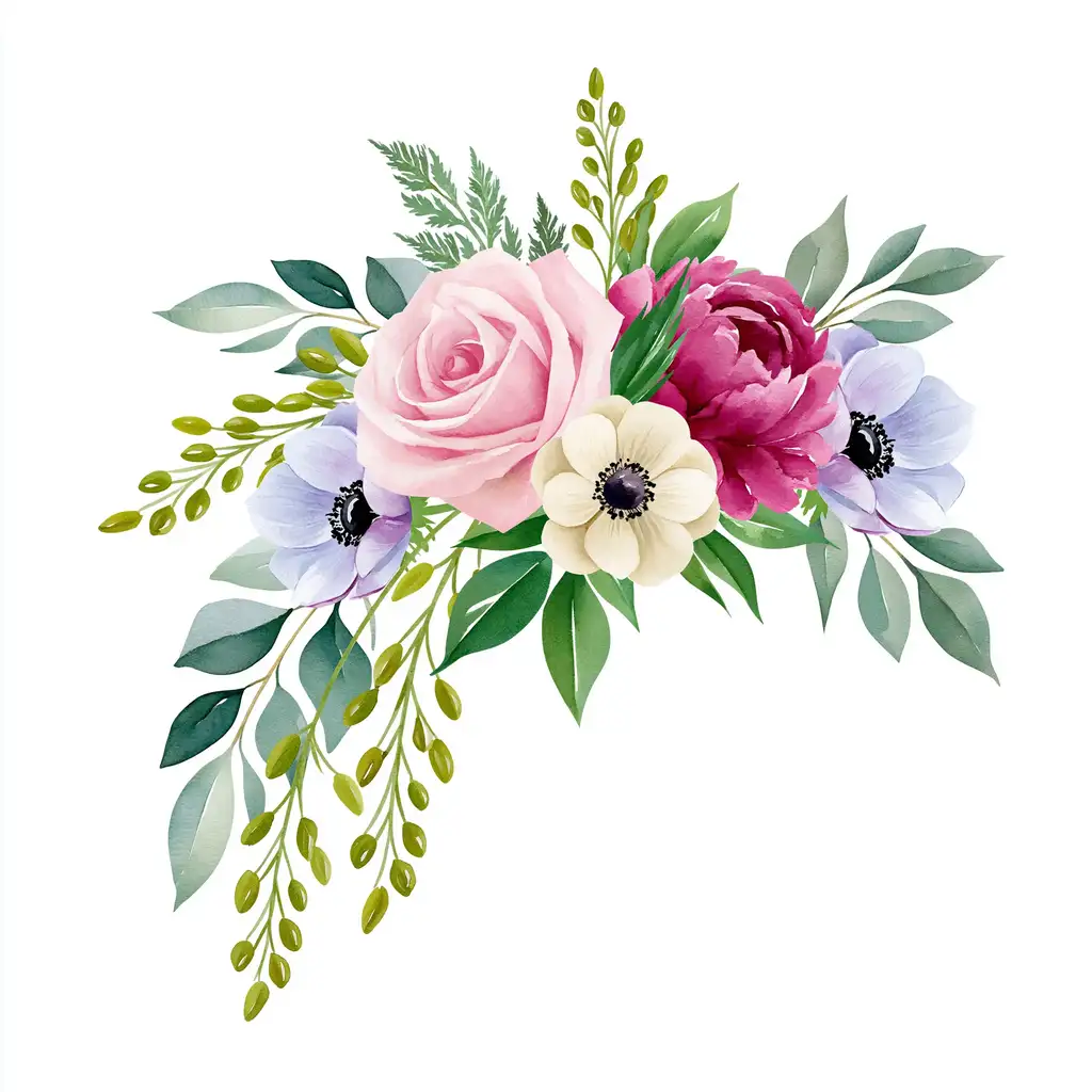 Watercolor floral arrangement with pink roses and green leaves