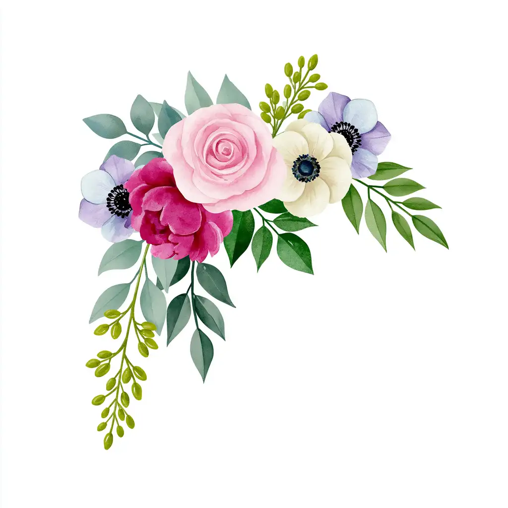 Watercolor floral arrangement with pink roses and green leaves