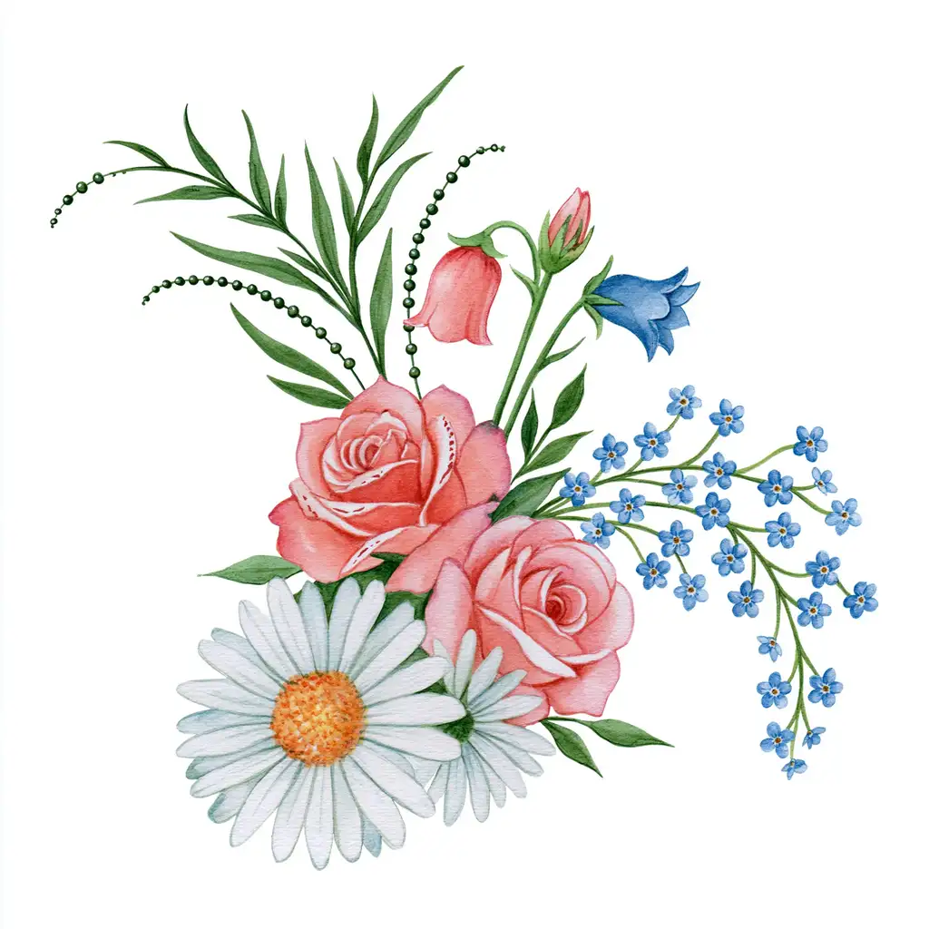 Watercolor floral arrangement with pink roses and blue wildflowers