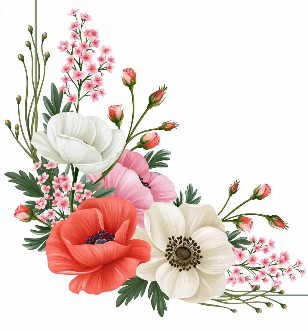 Floral corner arrangement with red poppy and white anemone flowers
