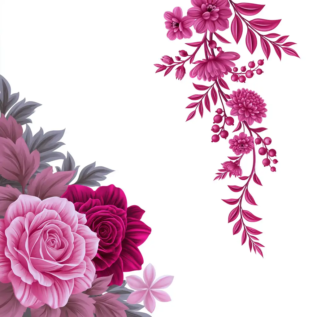 Pink and magenta floral corner design with roses and berries on white background