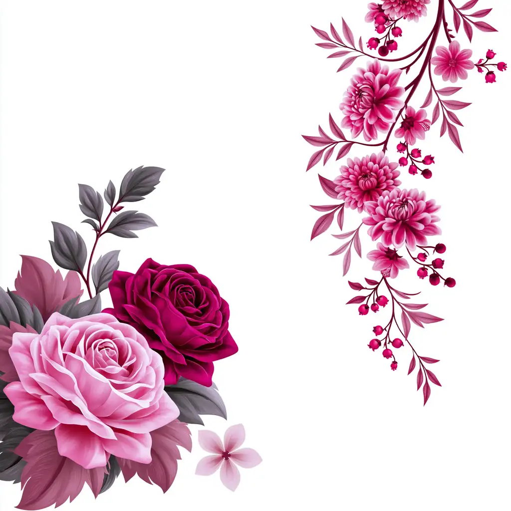 Pink and magenta floral corner design with roses and berries on white background