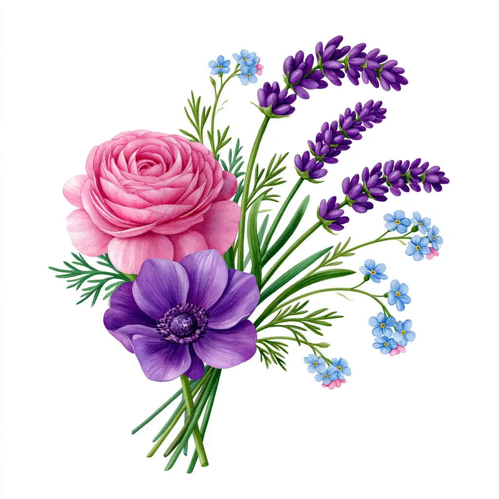 Watercolor floral bouquet with pink ranunculus purple anemone lavender and blue forget-me-not flowers
