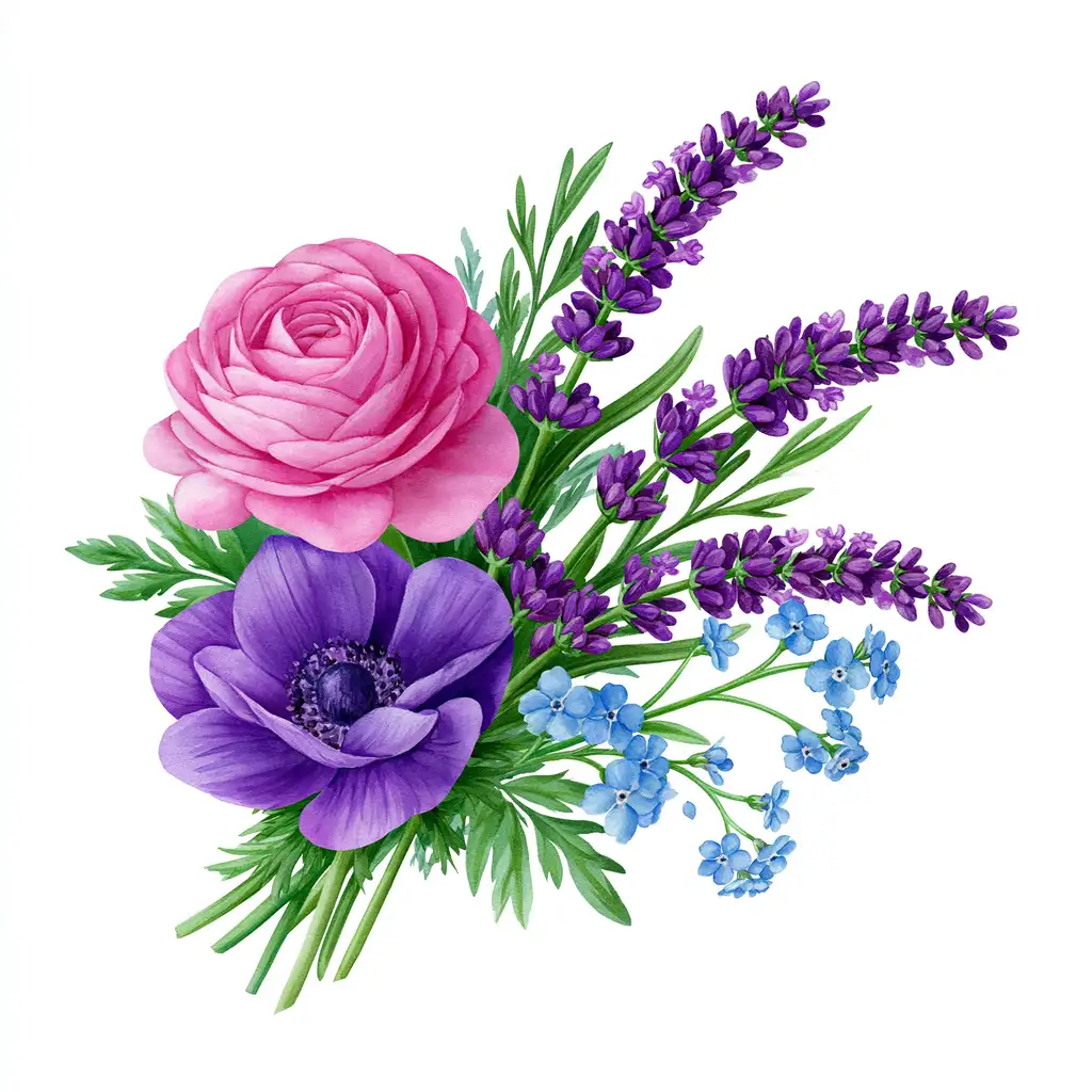 Watercolor floral bouquet with pink ranunculus purple anemone lavender and blue forget-me-not flowers