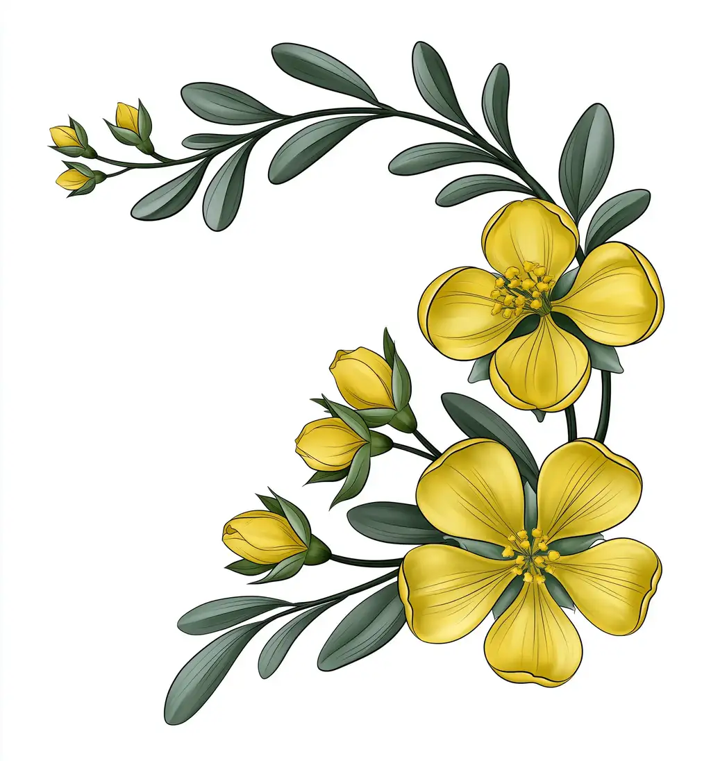 Yellow flowers and green leaves botanical digital illustration