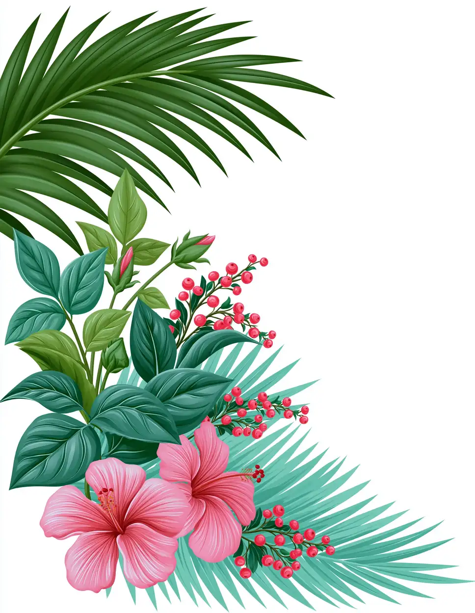Tropical floral corner arrangement with pink hibiscus flowers and palm leaves