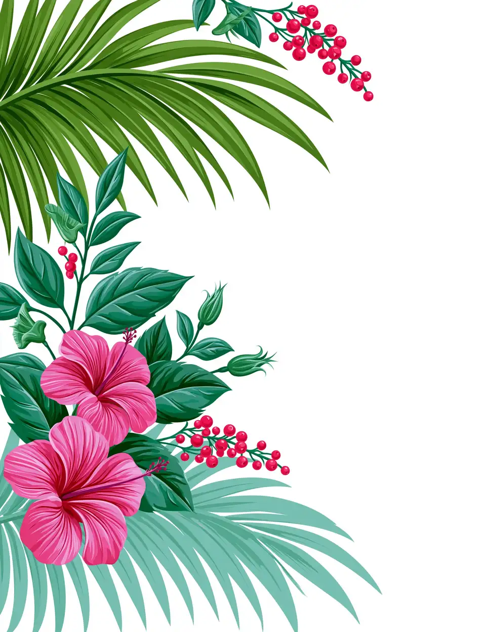 Tropical floral corner arrangement with pink hibiscus flowers and palm leaves