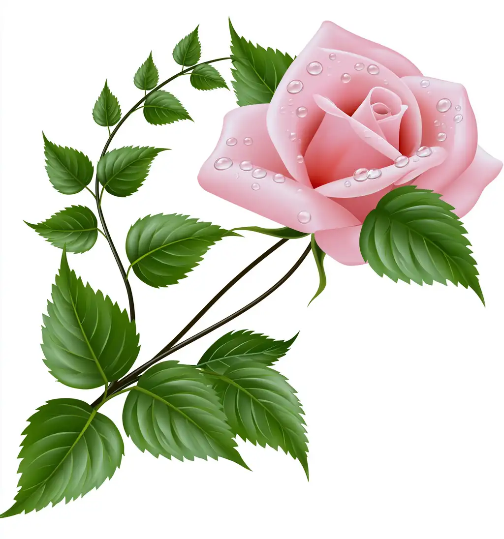 Pink rose with water drops on white background