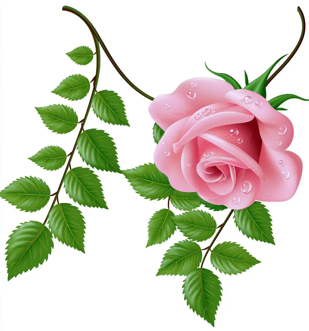 Pink rose with water drops on white background