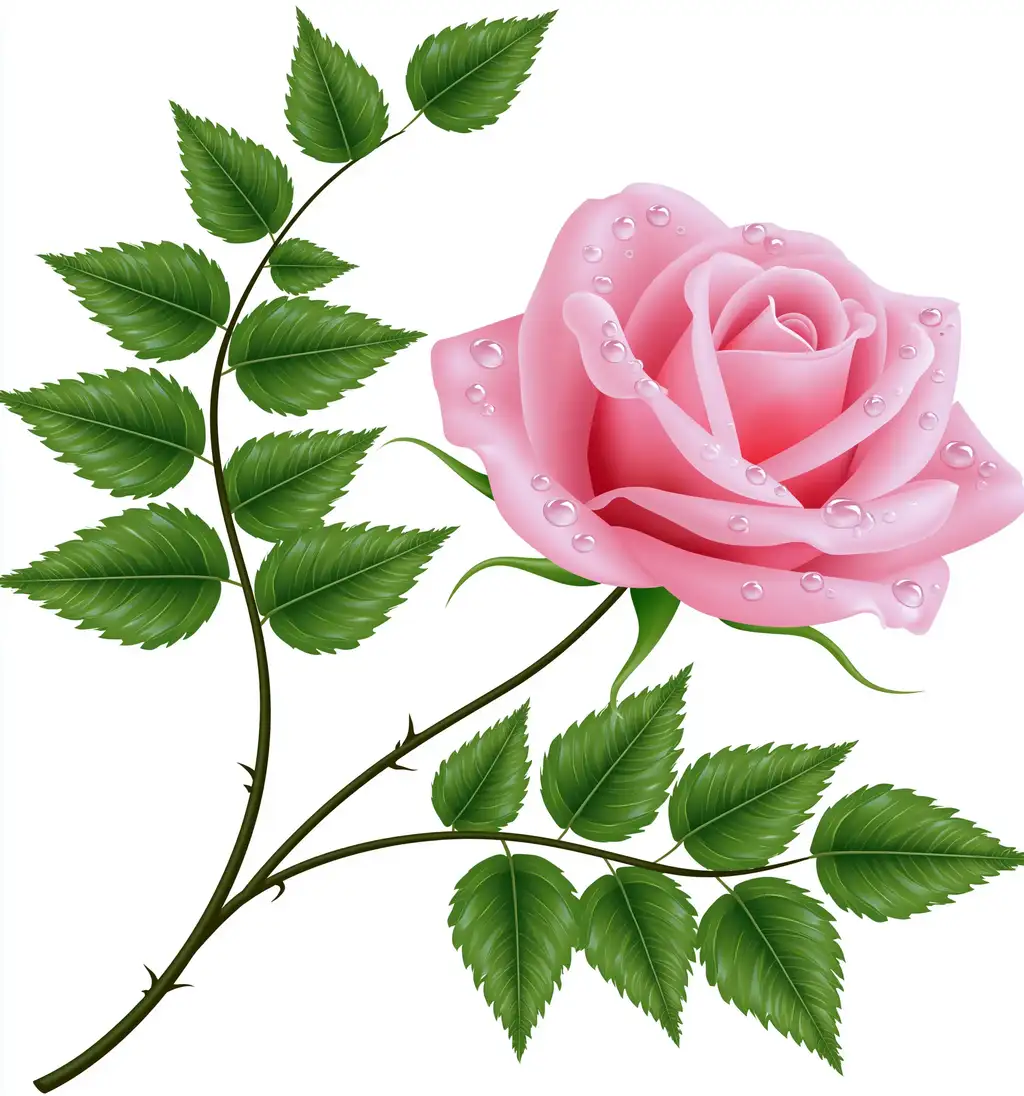 Pink rose with water drops on white background