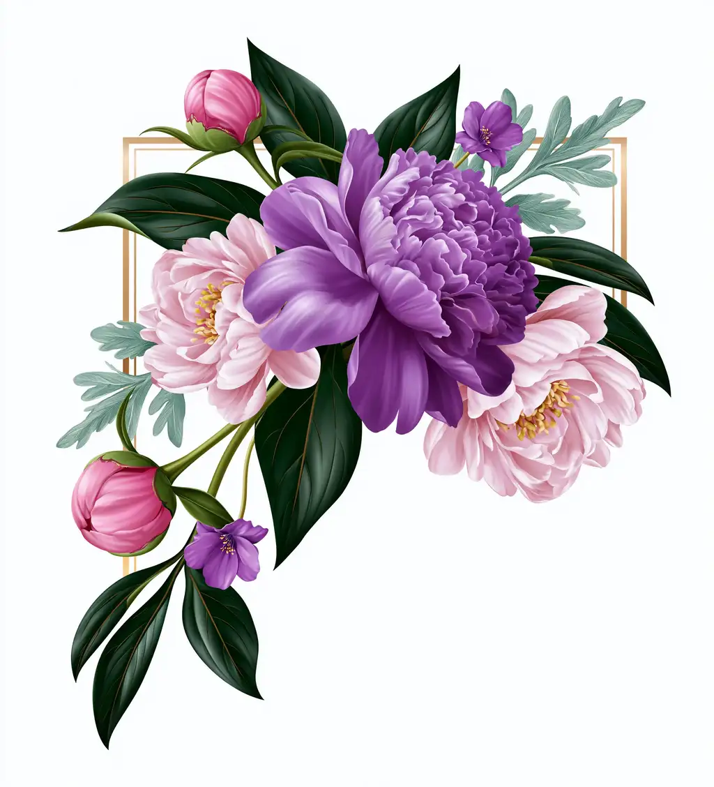 Floral composition with purple and pink peonies and golden frame