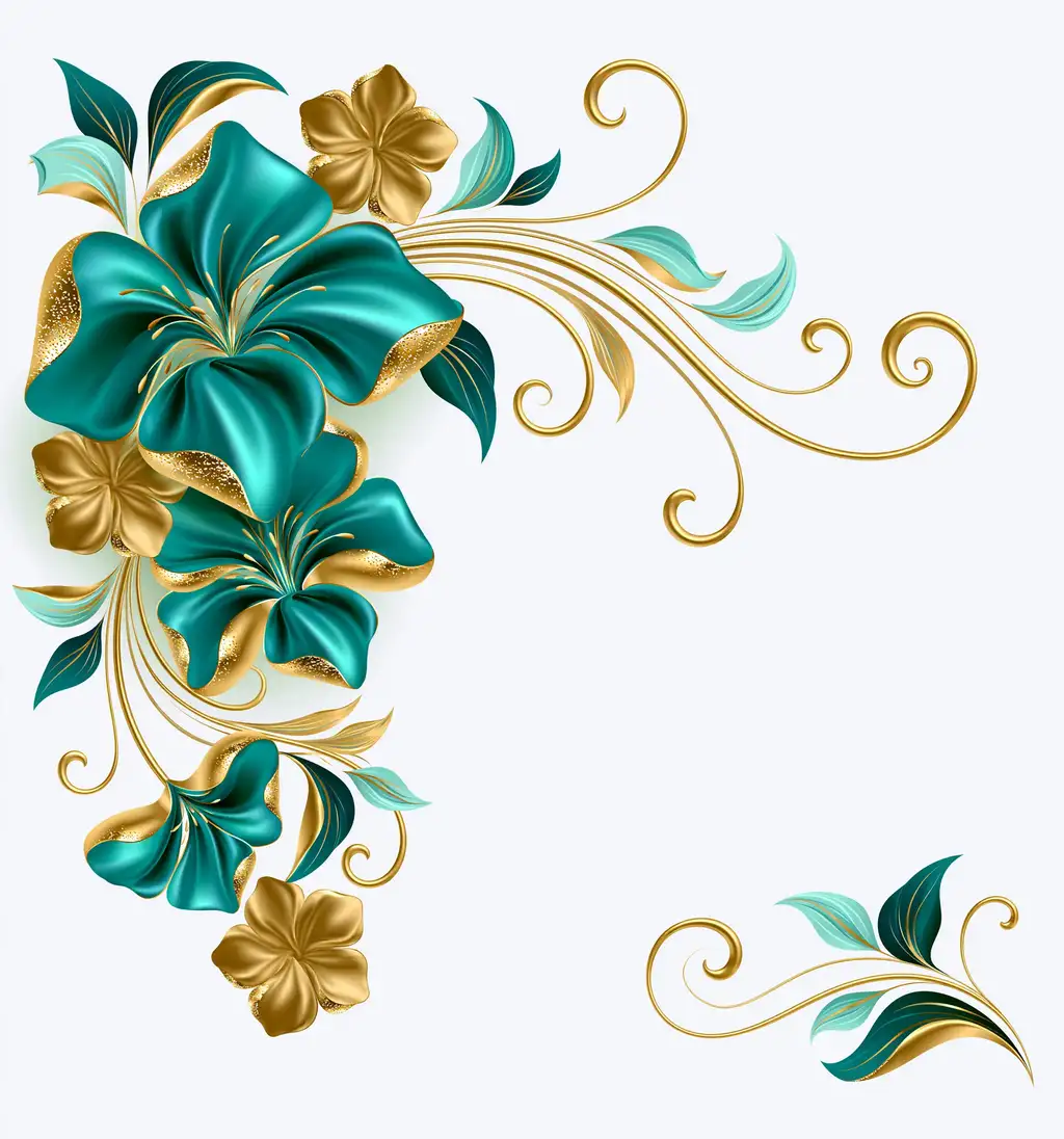 Teal and gold floral decorative element on white background