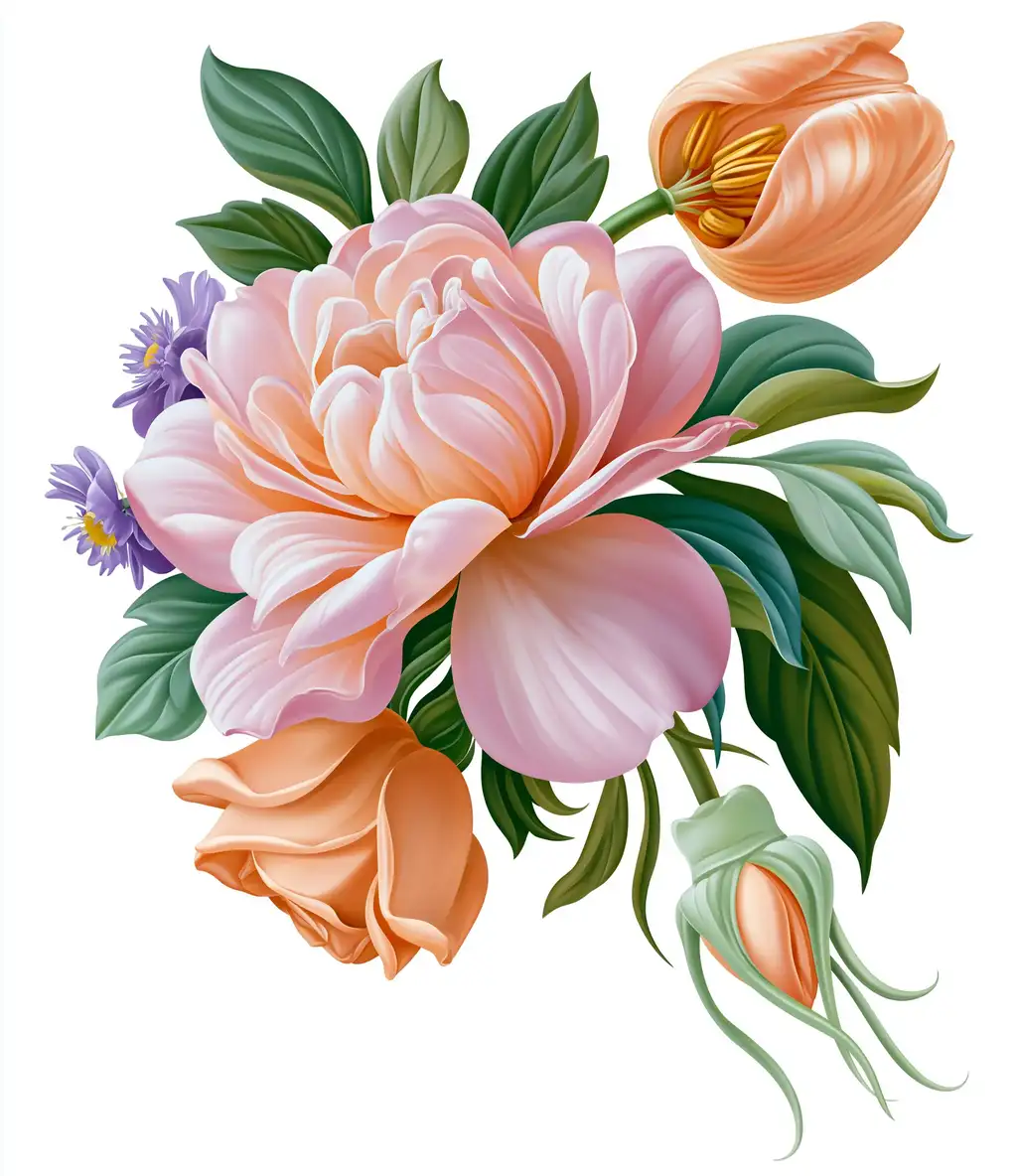 Pink and Peach Floral Arrangement on White Background