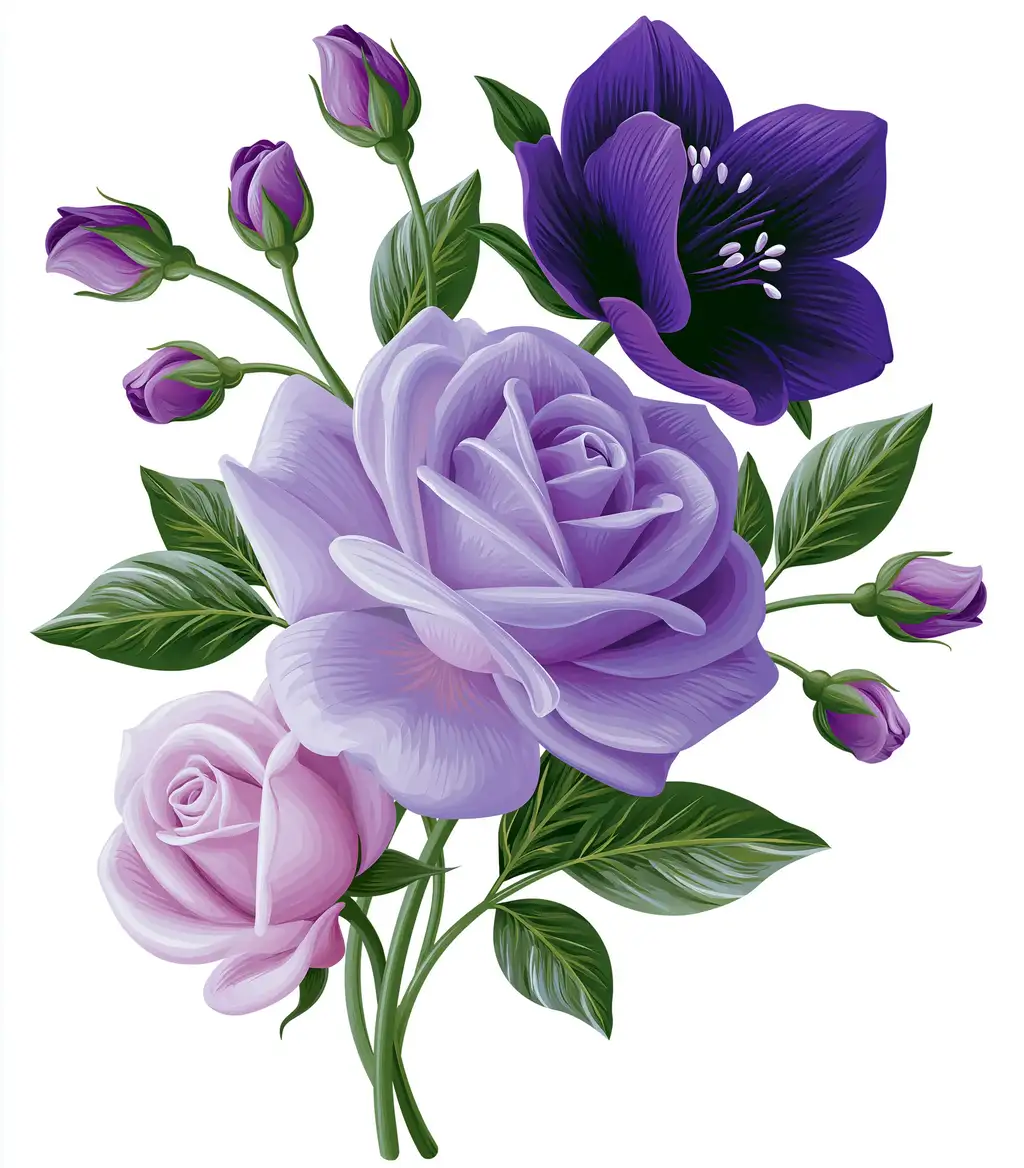 Purple and Pink Rose Bouquet with Dark Violet Flower and Green Leaves Isolated on White