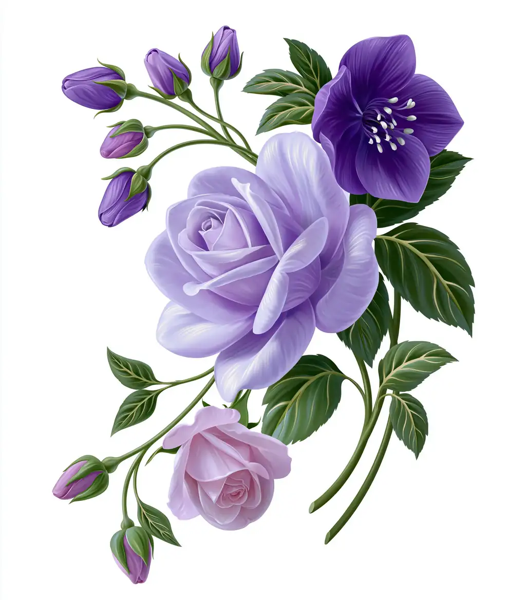 Purple and Pink Rose Bouquet with Dark Violet Flower and Green Leaves Isolated on White