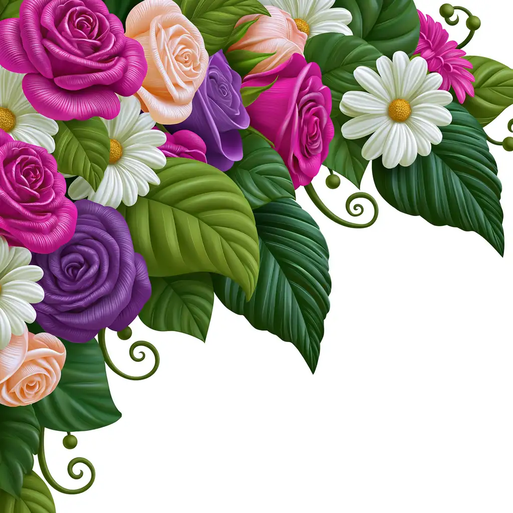 Floral arrangement with roses and daisies isolated on white background