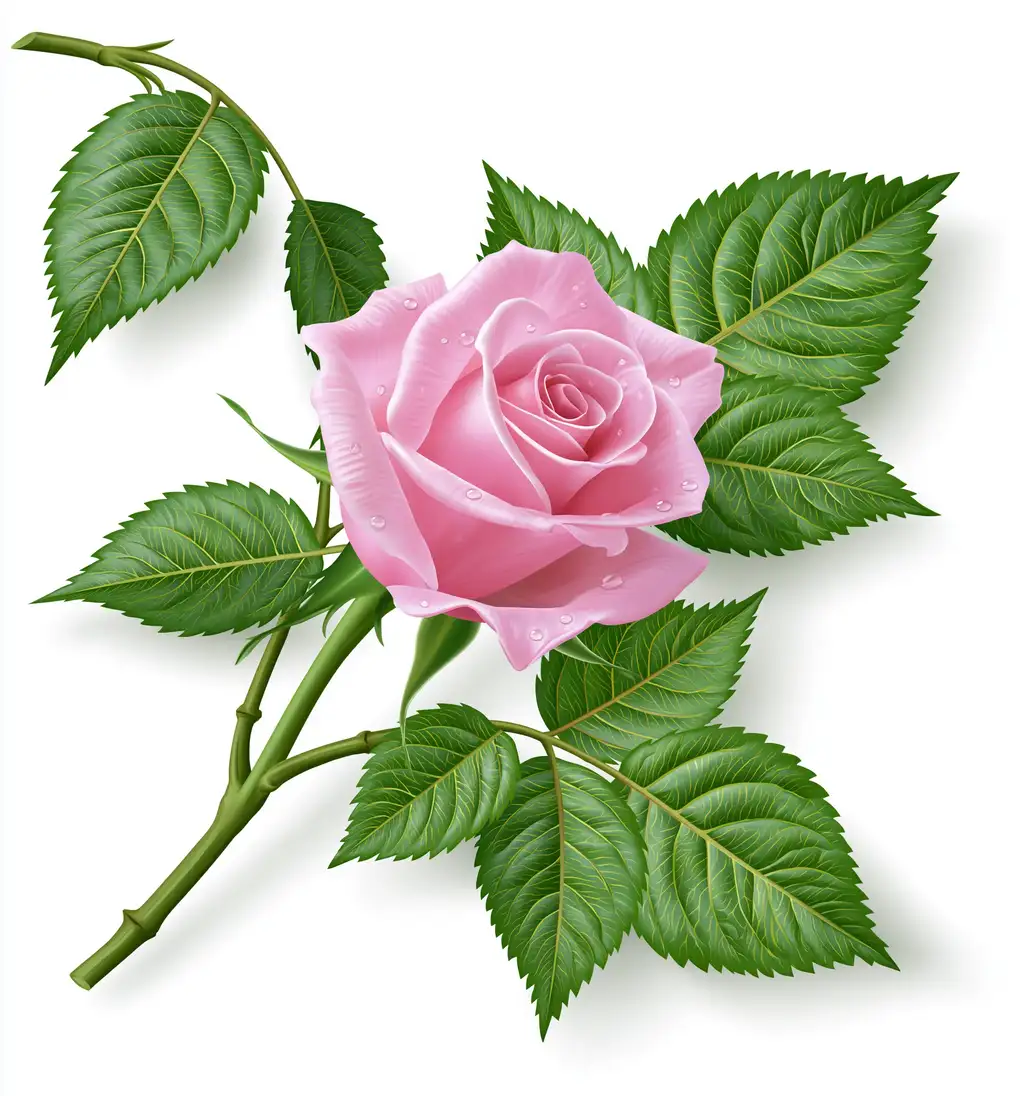Pink Rose with Water Drops and Green Leaves Isolated on White
