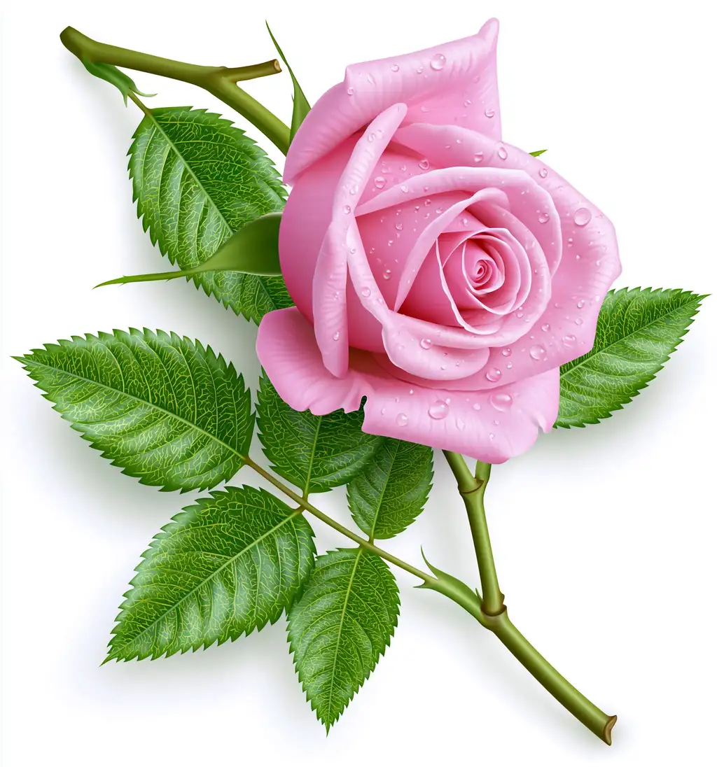 Pink Rose with Water Drops and Green Leaves Isolated on White