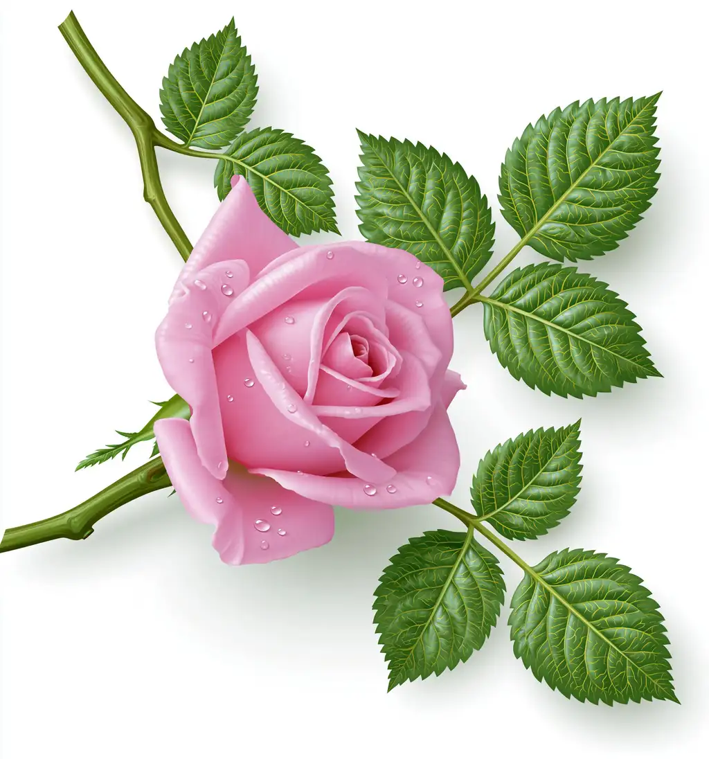 Pink Rose with Water Drops and Green Leaves Isolated on White
