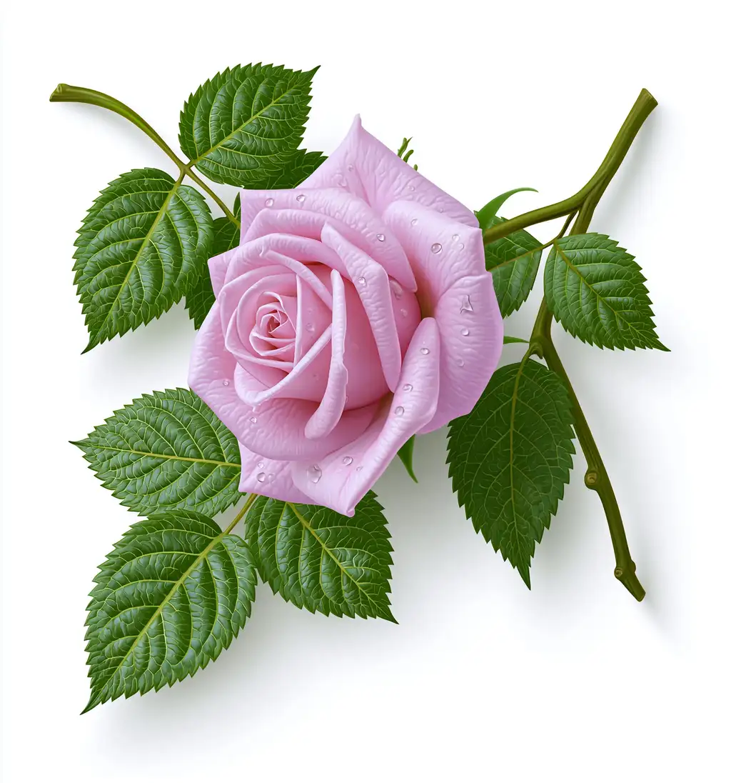 Pink Rose with Water Drops and Green Leaves Isolated on White