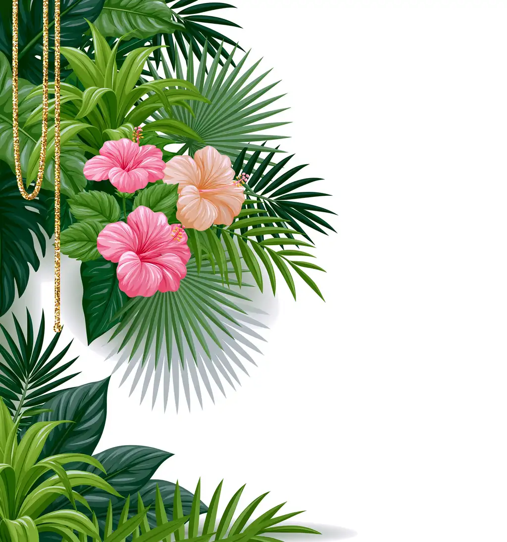 Tropical leaves and hibiscus flowers vector composition with gold glitter strings