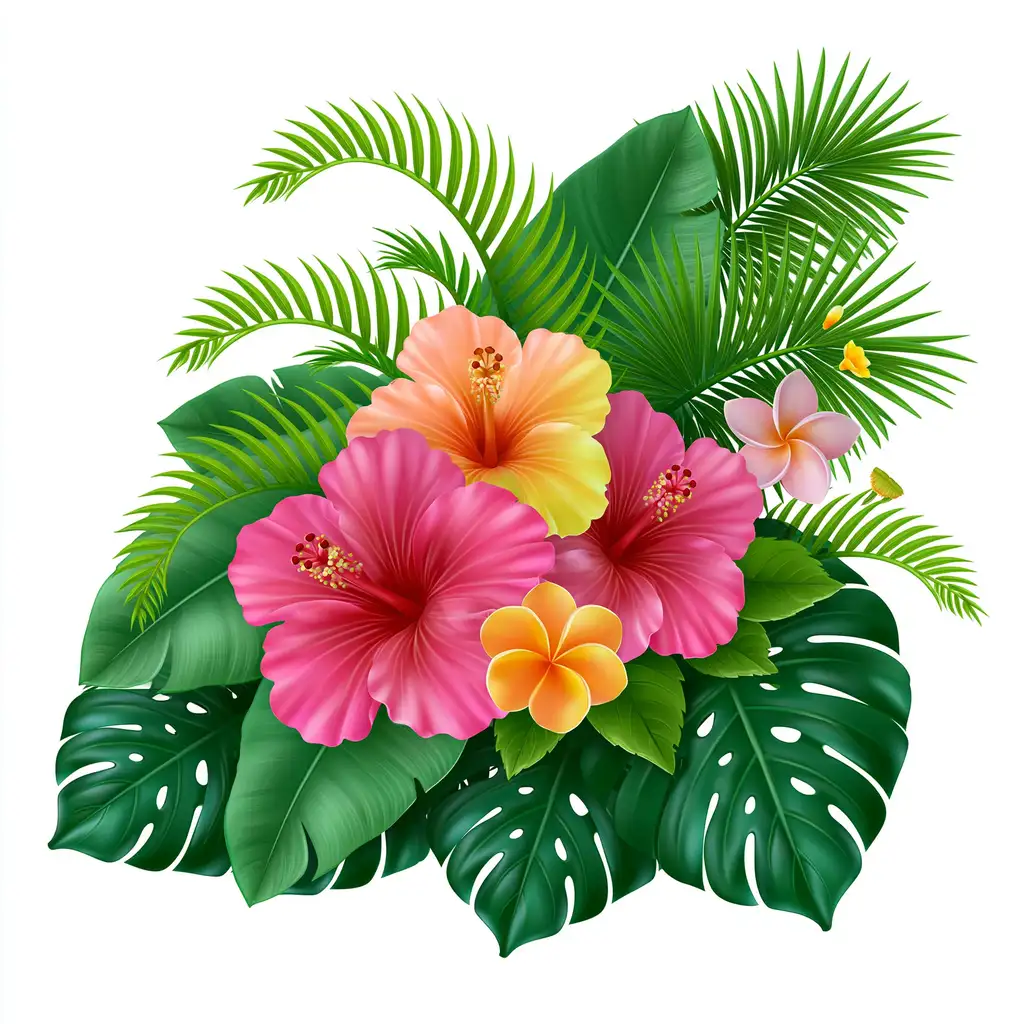 Tropical floral arrangement with hibiscus and palm leaves