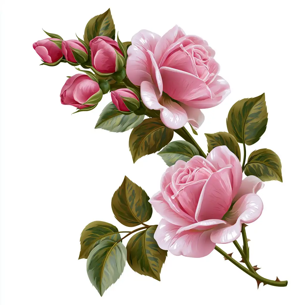 Pink Rose Branch Botanical Illustration Isolated on White