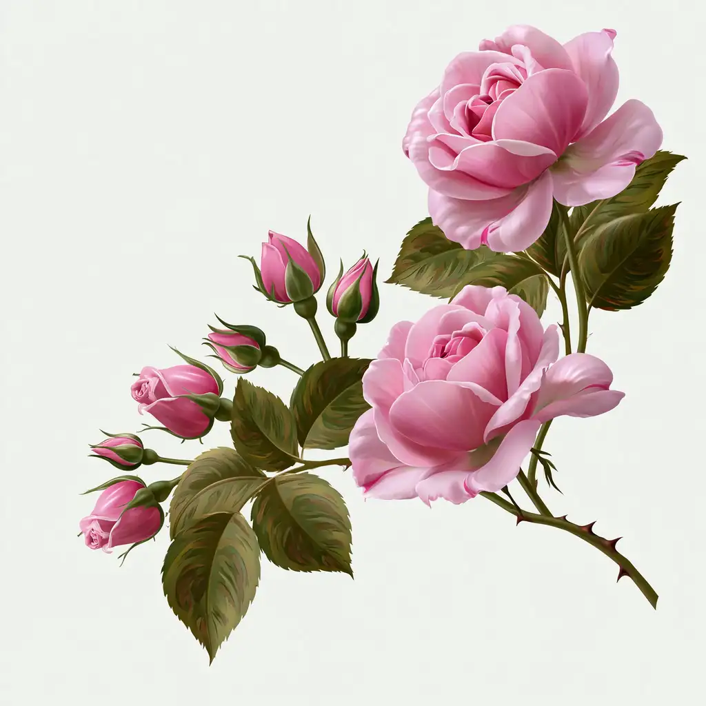 Pink Rose Branch Botanical Illustration Isolated on White