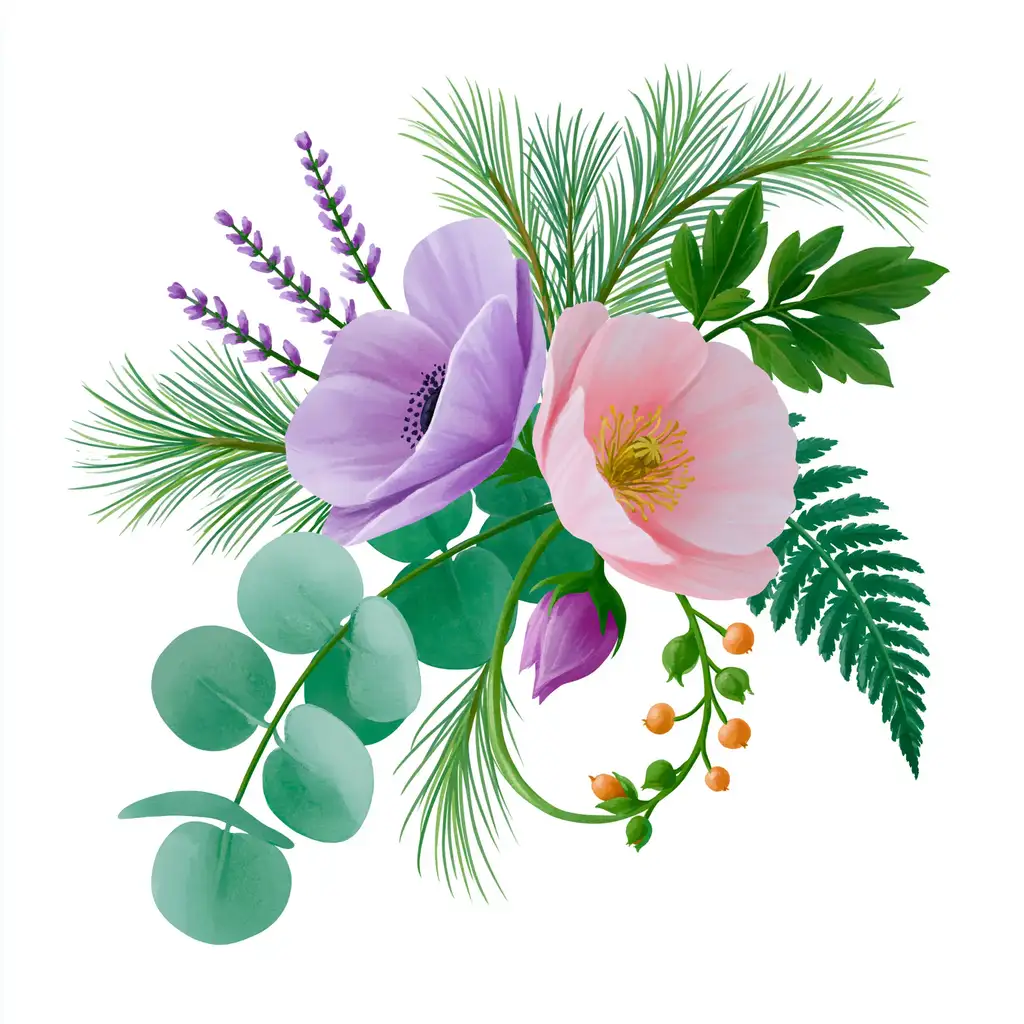 Floral bouquet digital illustration with pink and purple flowers and foliage