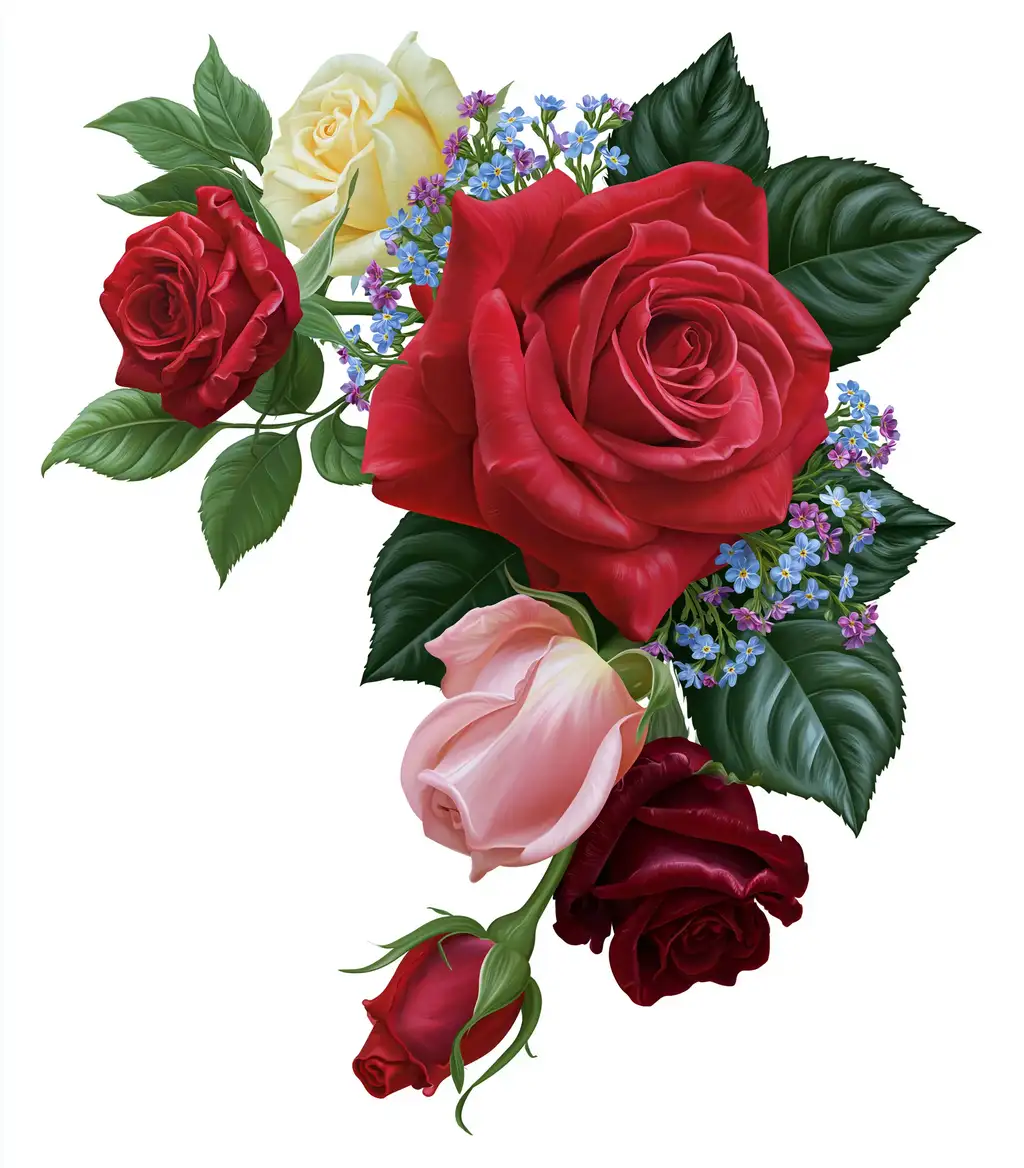Colorful Rose Bouquet with Green Leaves and Small Blue Flowers