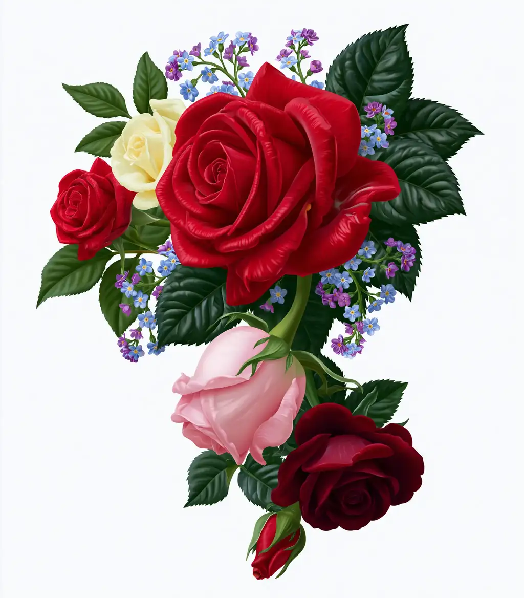 Colorful Rose Bouquet with Green Leaves and Small Blue Flowers