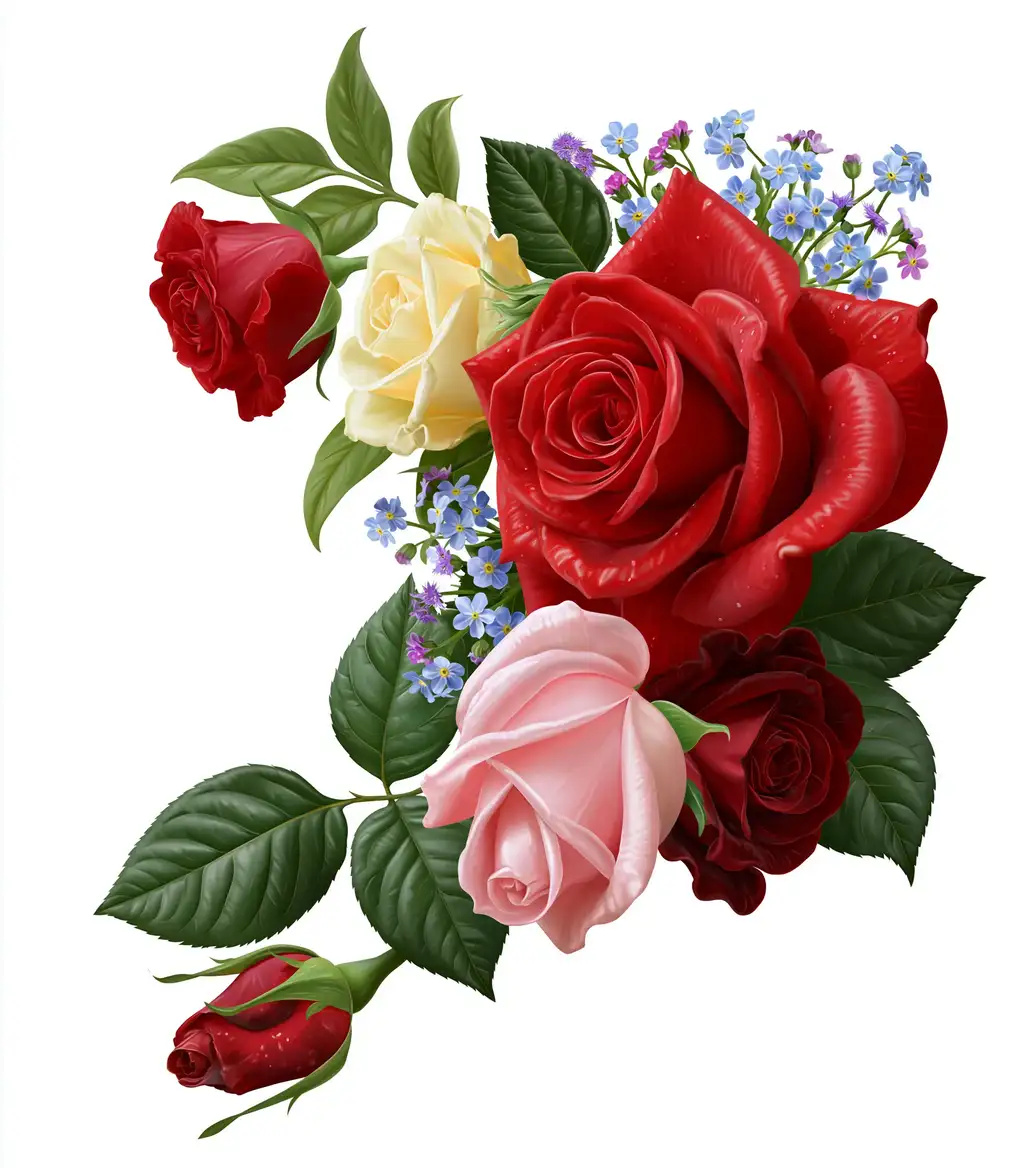 Colorful Rose Bouquet with Green Leaves and Small Blue Flowers