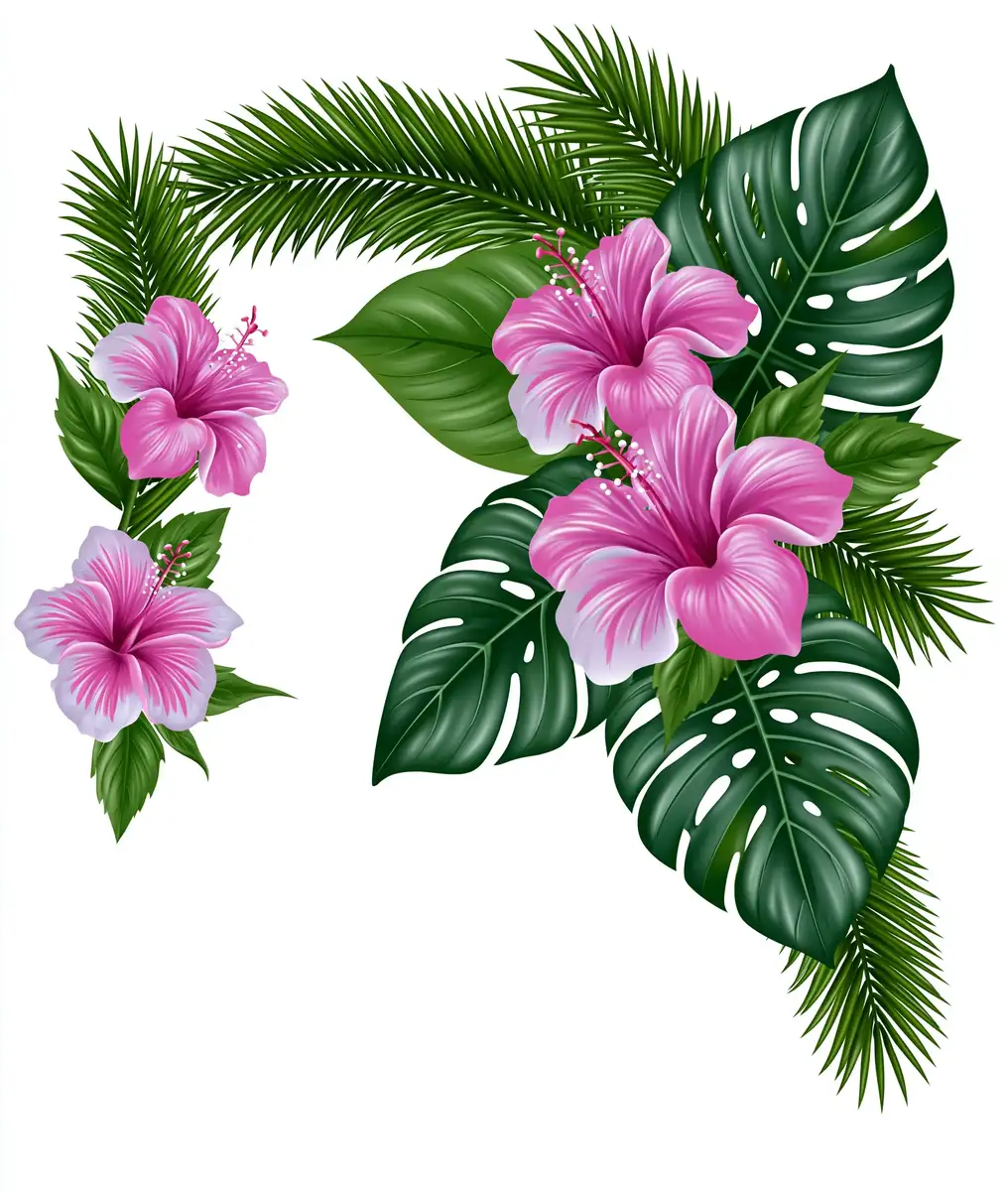 Tropical floral arrangement with pink hibiscus and green leaves