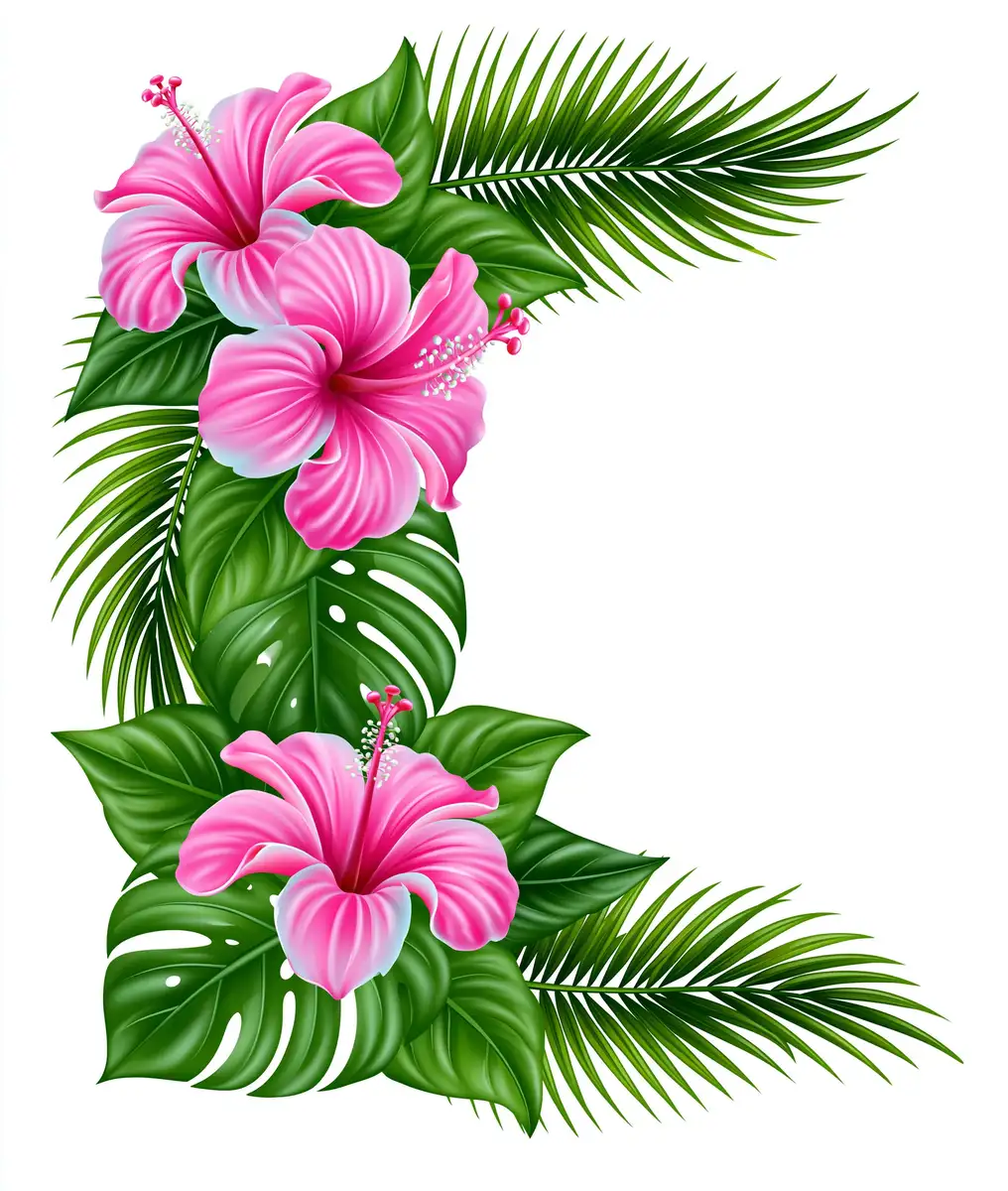 Tropical floral arrangement with pink hibiscus and green leaves
