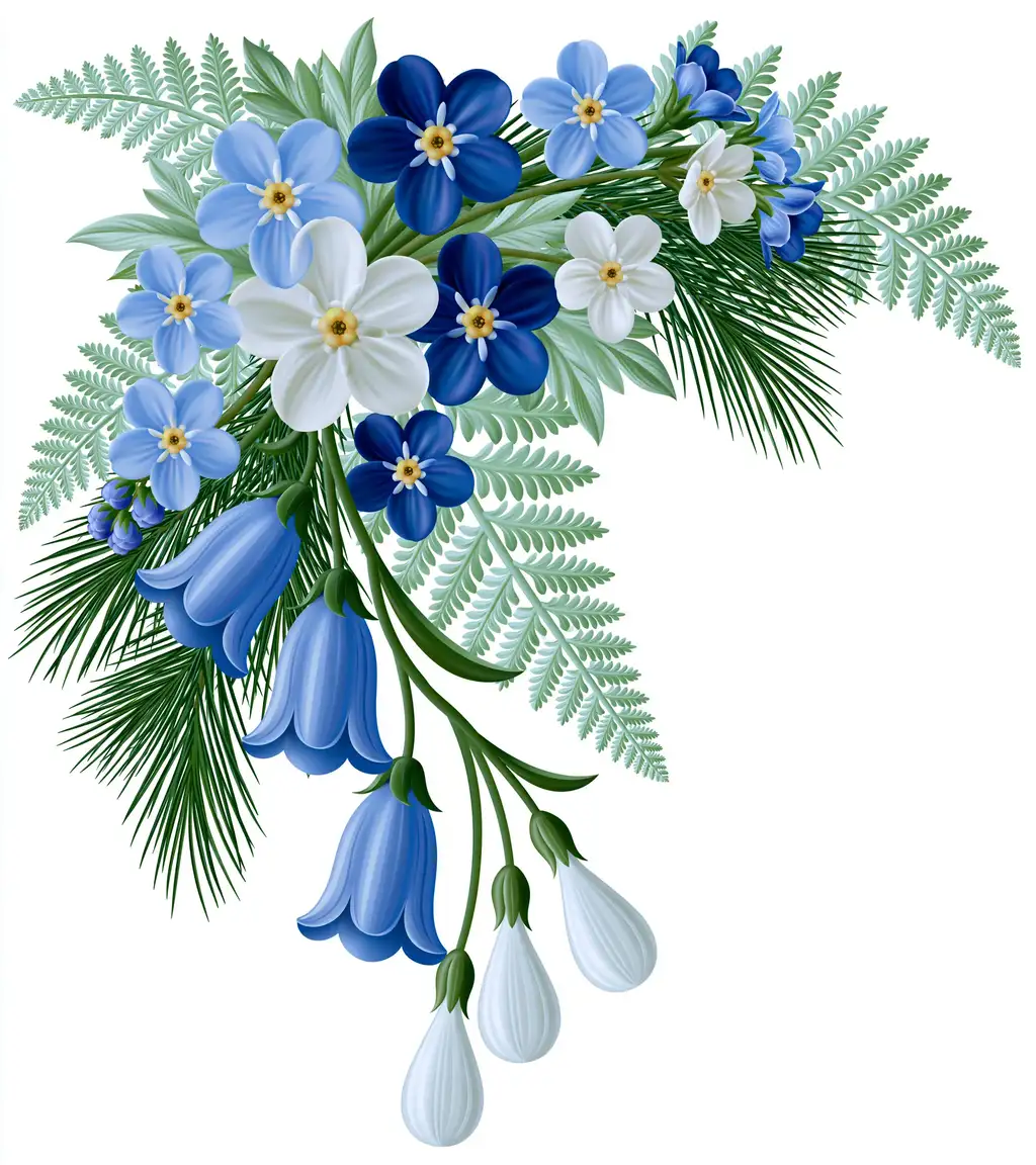 Blue and White Floral Arrangement with Bellflowers and Ferns Isolated on White