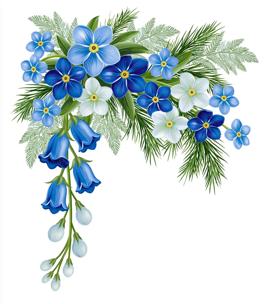 Blue and White Floral Arrangement with Bellflowers and Ferns Isolated on White