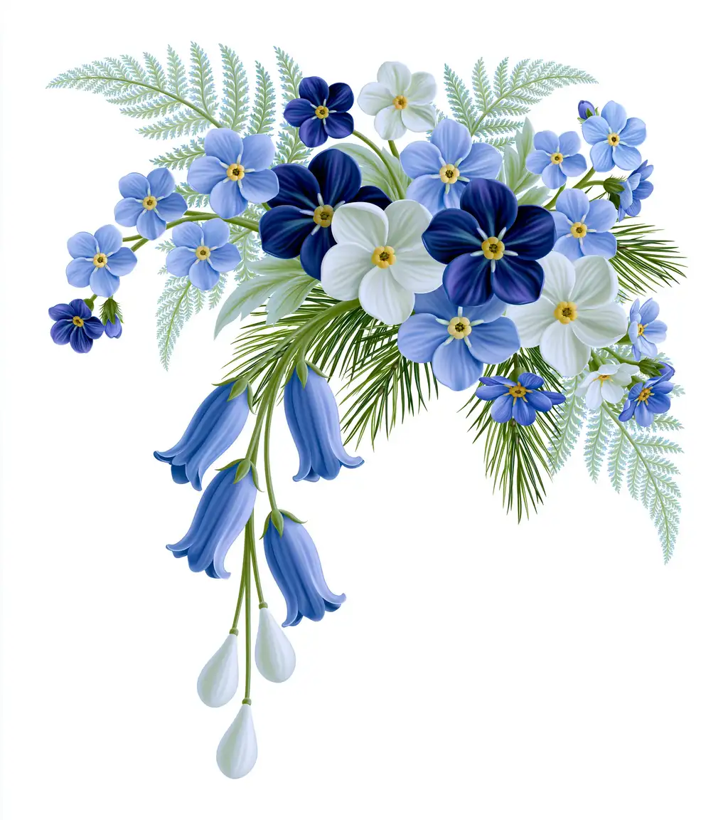 Blue and White Floral Arrangement with Bellflowers and Ferns Isolated on White