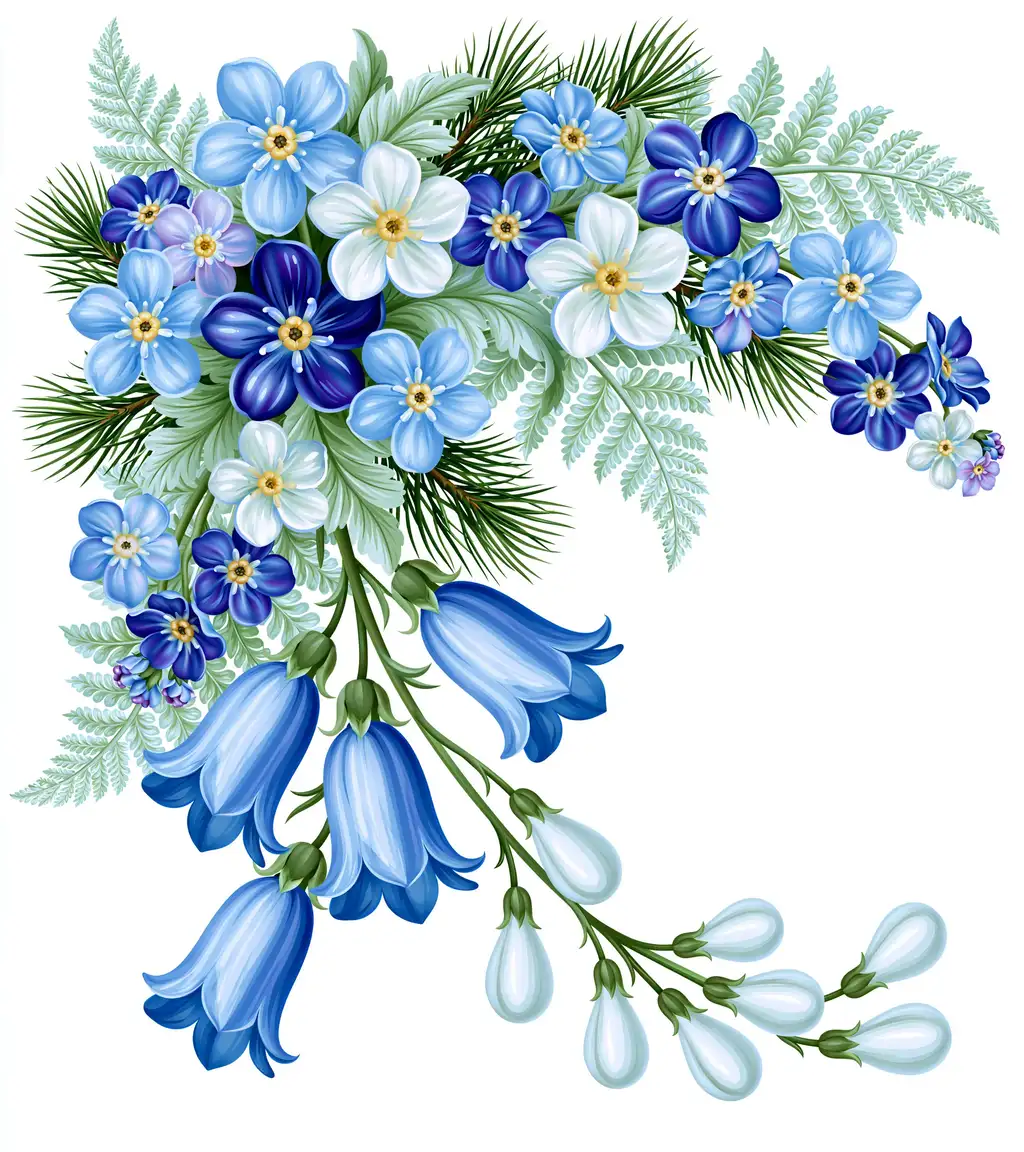 Blue and White Floral Arrangement with Bellflowers and Ferns Isolated on White