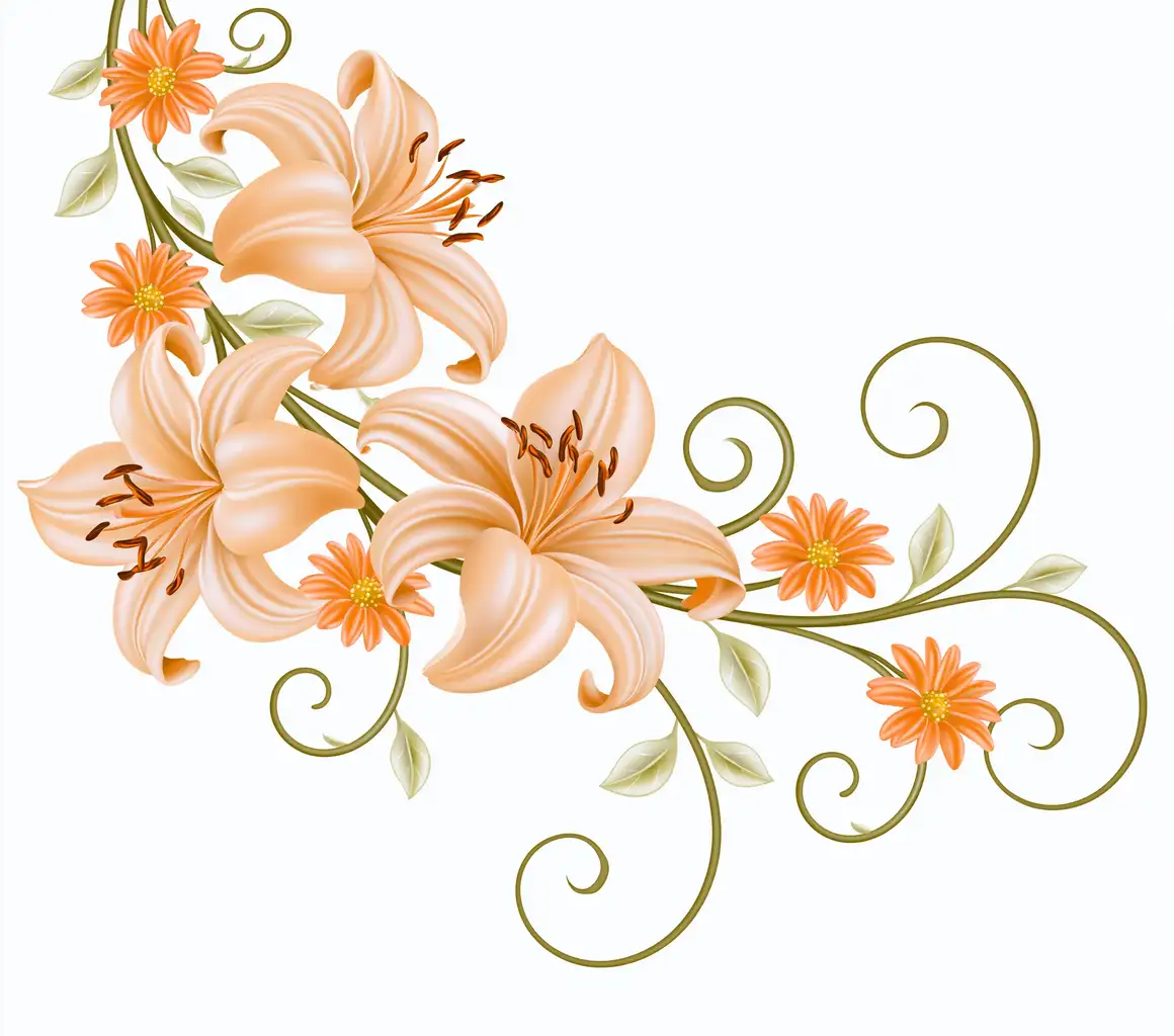 Floral Corner Design with Orange Lilies and Swirls