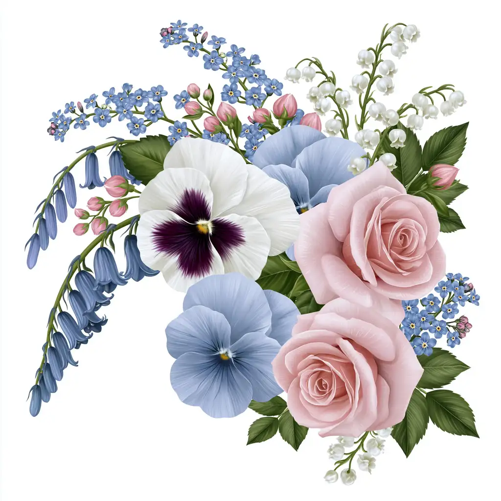 Floral arrangement with pink roses and blue pansies on white background