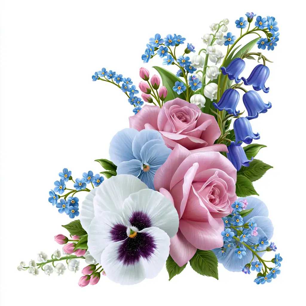 Floral arrangement with pink roses and blue pansies on white background