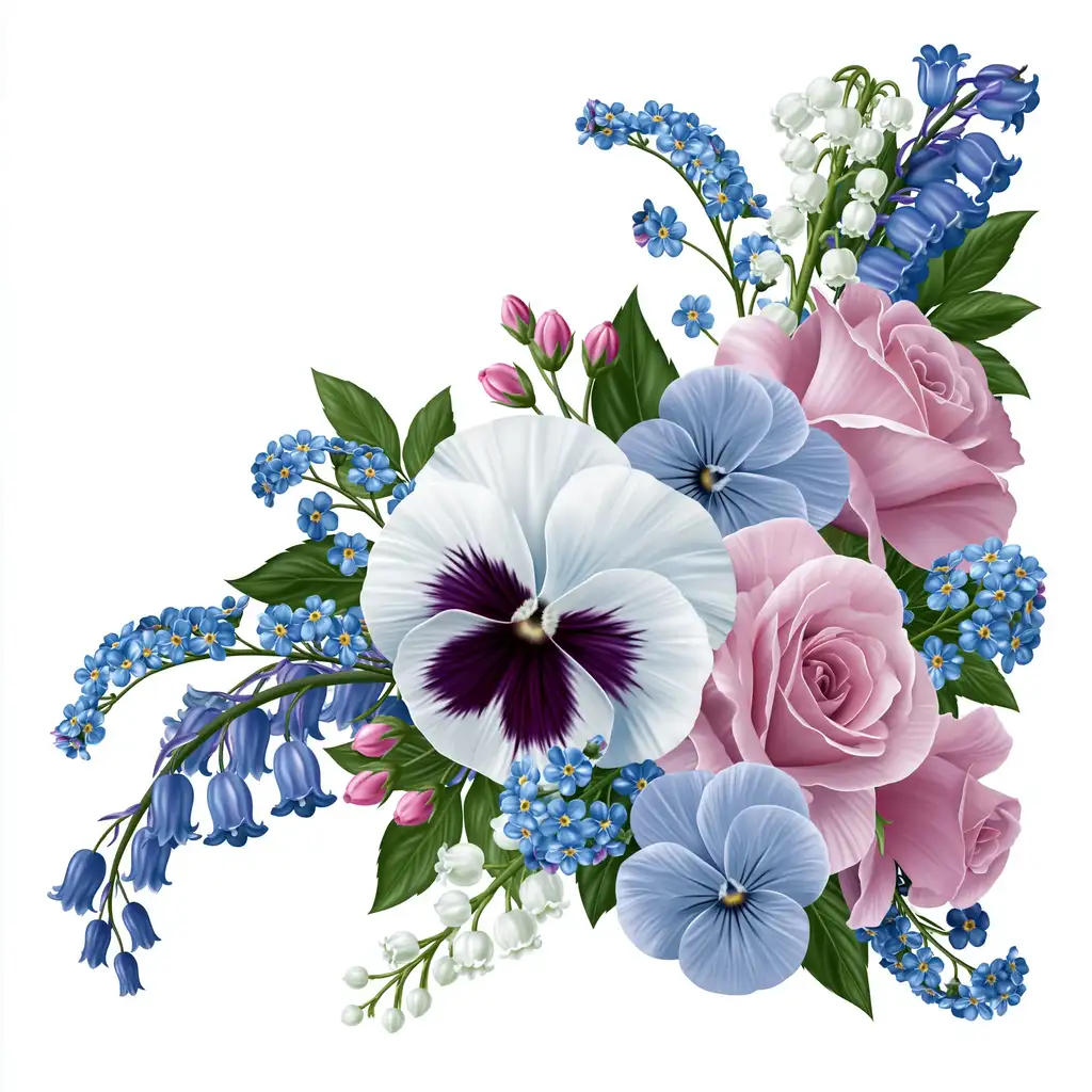 Floral arrangement with pink roses and blue pansies on white background