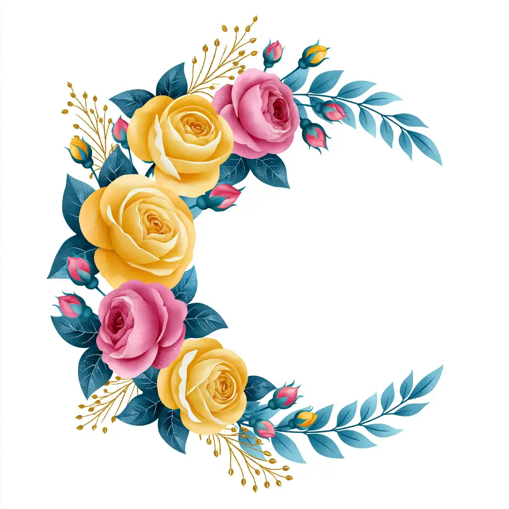 Floral crescent arrangement with yellow and pink roses and blue leaves