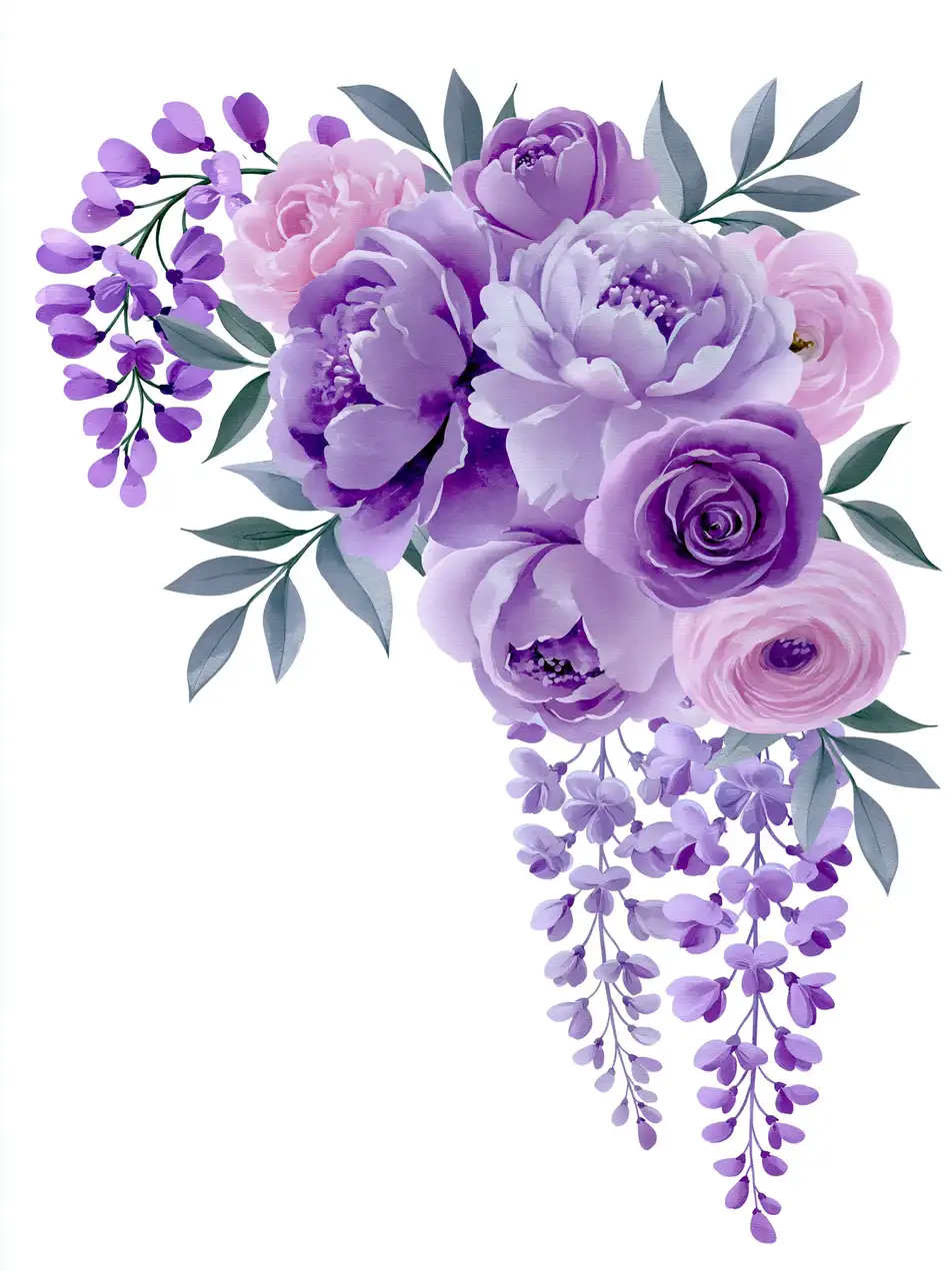 Purple flower bouquets with roses and wisteria on white background