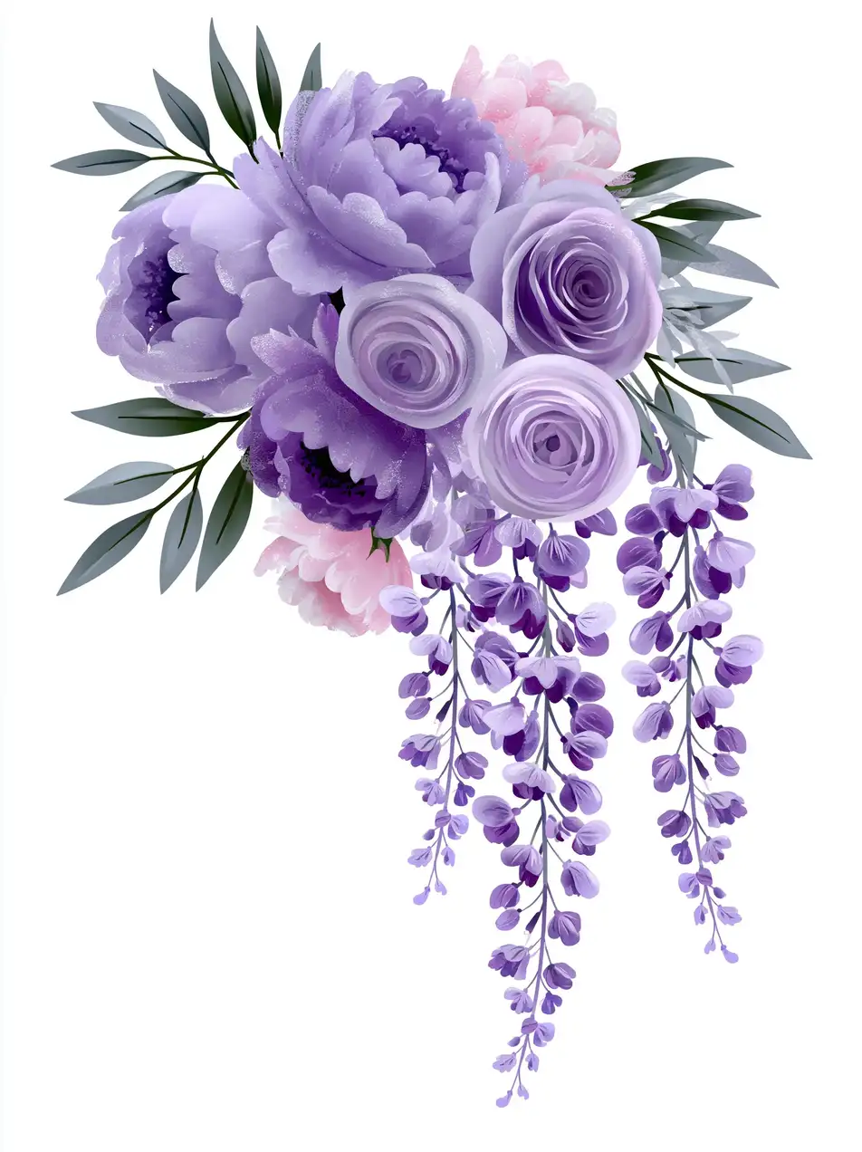 Purple flower bouquets with roses and wisteria on white background