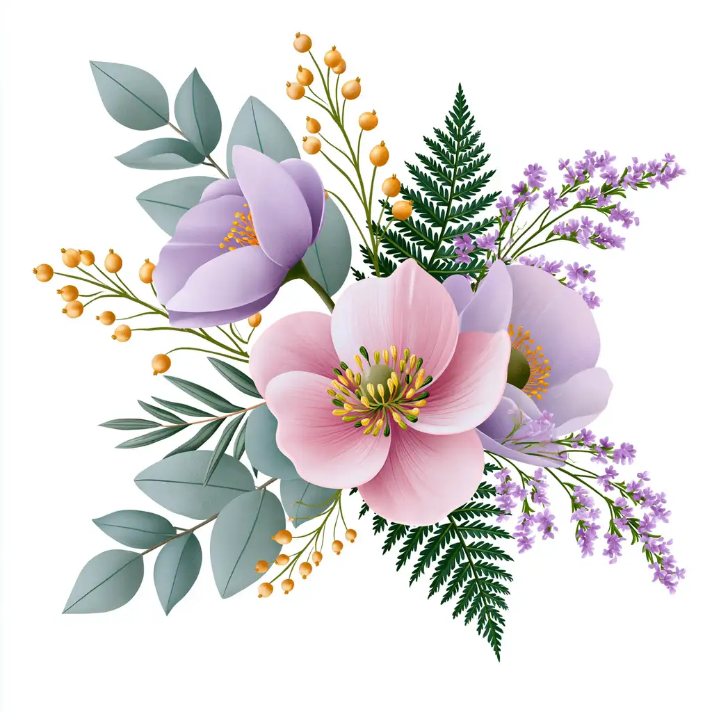 Floral arrangement with pink and purple flowers eucalyptus leaves and berries
