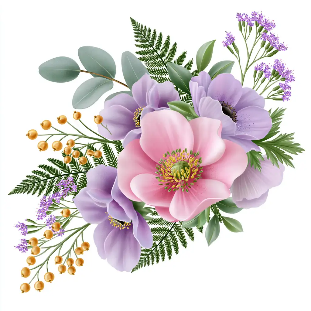 Floral arrangement with pink and purple flowers eucalyptus leaves and berries