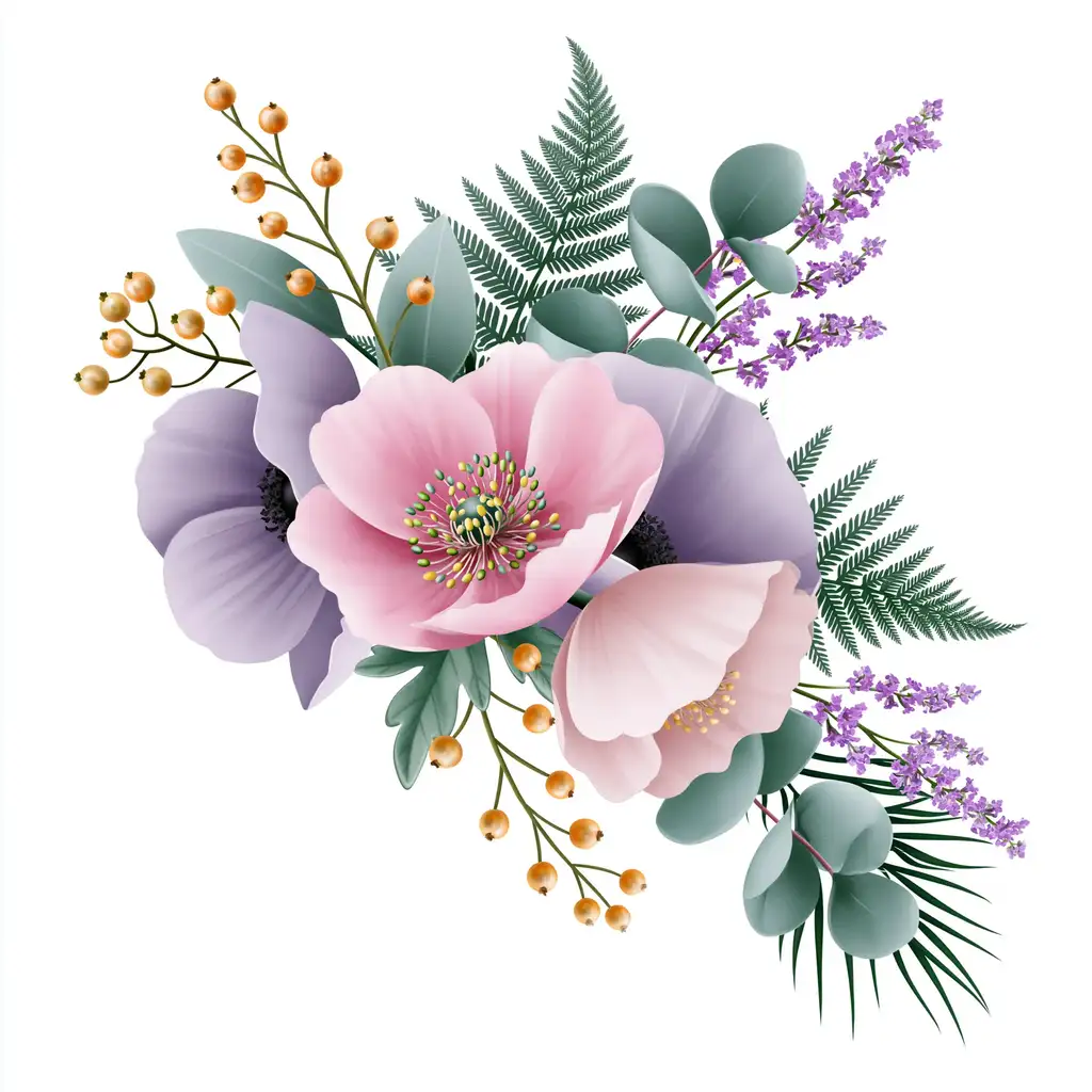 Floral arrangement with pink and purple flowers eucalyptus leaves and berries