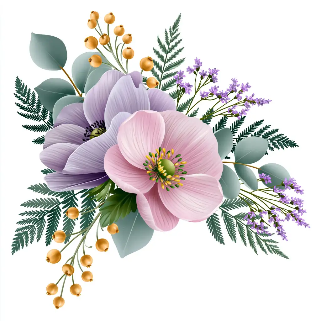 Floral arrangement with pink and purple flowers eucalyptus leaves and berries