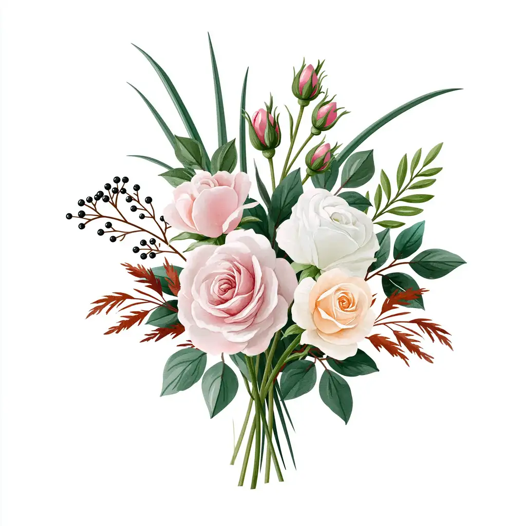 Floral Bouquet Illustration with Roses and Berries on White Background